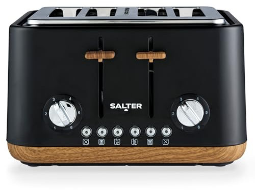 Tostapane Salter EK5823BLKVDE Toronto 4 fette – Fessure larghe, 6 livelli di doratura, vassoio raccoglibriciole removibile, scongelamento, riscaldamento, annulla, centraggio automatico
