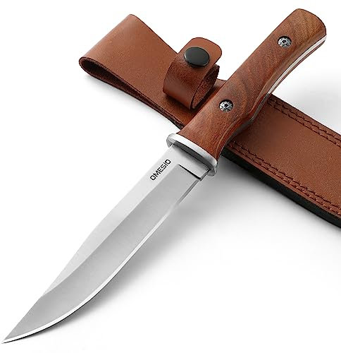 Omesio Outdoor Survival de chasse Couteau Outdoor avec étui en cuir, Couteau Bushcraft tranchant Survival Camping Robuste, manche en bois