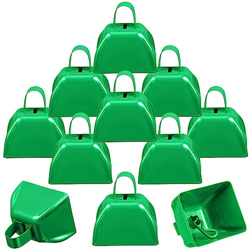 Therwen 12 Pack Metal Cow Bells Noise Makers with Handle 3 Inch Hand Percussion Cowbells Bulk Loud Call Bell for Sporting Events Cheering Football Games Team Spirit Weddings Party Noisemakers (Green)