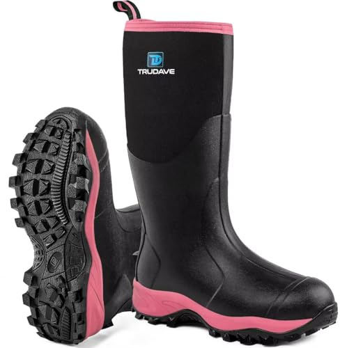 Trudave Rubber Boots for Women with Steel Shank, Waterproof Insulated Mud Rain Boots, 6mm Neoprene Anti-slip Outdoor Work Boots, Pink, Size 9