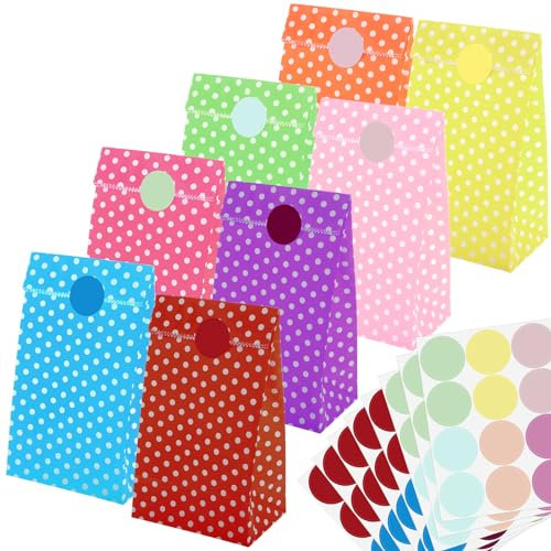 100 Stück Papiertüten Bunt, 18 x 9 x 5.5cm Geschenktüten Punkte Tüten Kindergeburtstag Papiertüten Klein mit Aufkleber Partytüten für Hochzeit Geburtstag Ostern Taufe (8 Farben)