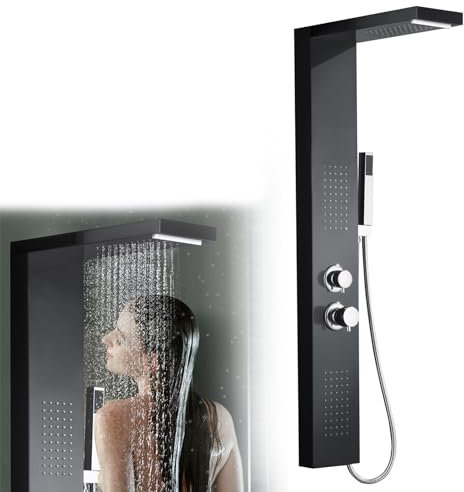 JNGLGO Duschpaneel Edelstahl Duschsystem Schwarz mit Thermostat Duschsäule Duschset Gebürstet Duscharmatur für Bad - Regendusche Handbrause Massagedusche Wasserfalldusche (Schwarz)
