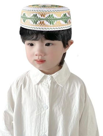 IBLUELOVER Chapeau Musulman Enfant Bonnet Islamique Garçon Bonnet de Prière Broderie Coton Casquette Calotte Traditionnel Arabe Chapeau Rond pour Eid Ramadan Prier Eid Cadeau Chapeau d'été Hiver