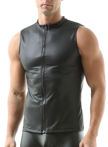 YOOBNG Men's Faux Leather Vest Sleeveless Shirt Wet Look Zipper Undershirt Round Neck Shirt Nightwear