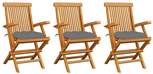 LAPOOH Chaises de Jardin avec Coussins Gris 3 pcs Bois de Teck Massif,Chaises De Jardin,Chaises De Jardin Exterieur,Chaises Exterieur