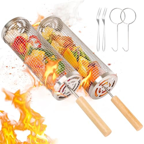 2 PCS Tragbarer Grillkorb mit Holzgriff, stabiler Edelstahlgrillkorb, BBQ- und Grillzubehör für Gemüse/Garnelen/Fleisch, Grillzubehör für Männer im Freien, im Garten und beim Camping.