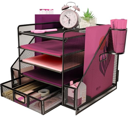 ideallife Schreibtisch Organizer Ablage aus Metall, 5 Ebenen Papier Briefablage mit Aktenhalter, Mesh Schreibtisch Akten Organizer mit Zeitschriftenhalter für Büro Dokumentenablage (Schwarz)