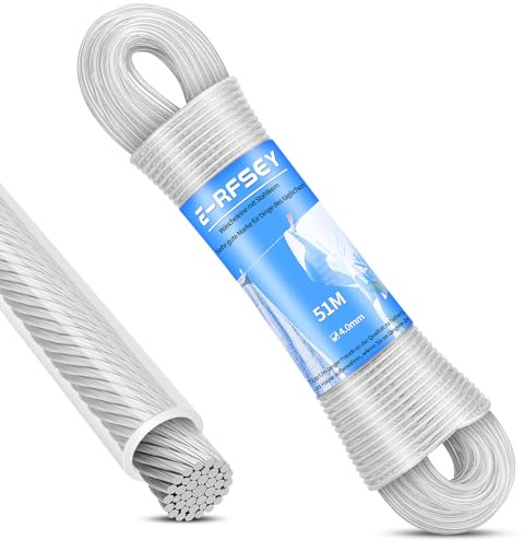 E-RFSEY Filo stendibiancheria da 51 m con anima in acciaio, resistente, extra forte, con una capacità di carico di 220 kg, antiruggine e impermeabile, per giardino (4 mm)