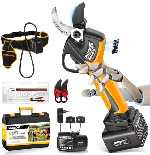 SWANSOFT 40 mm sladdlös grensax, 21 V elektrisk trädgårdssax 1 050 W, med 4 Ah batterier x 2, borstlös motor, LCD-display 1,2 m förlängningskabel – för träd, grenar och fruktträdgårdar (gul)