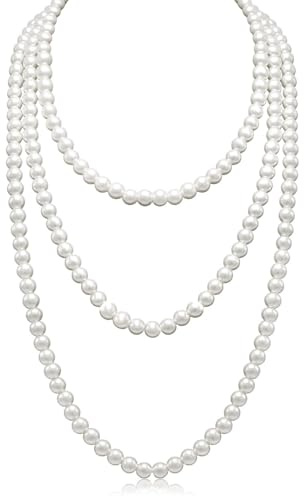 BARRU 1920 Collier de Perles,Long collier en perles d'imitation tendance de style Collier Long de fausses perles pour Mariage Fiançailles 150 cm,Collier des perles blanc,collier