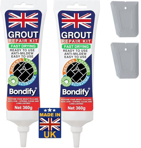 BONDIFY Waterproof Grey Grout Ready Mixed, Grout Repair Kit, 360g x 2PCs, FAST DRYING, EXTRA VOLUME Anti Mould Grey Tile Grout for Shower, Bathroom, Kitchen, Quick Drying Tile Gap Filler Ready Mixed