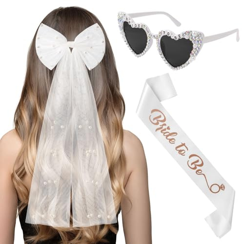 Ainiv 3 PCS Sposa Accessori,Velo da Sposa,Bride to be Satin Sash,Occhiali con Montatura a Forma di Cuore a Forma di Diamante,Accessori da Sposa per Matrimoni,Fidanzamenti, Addii al Nubilato