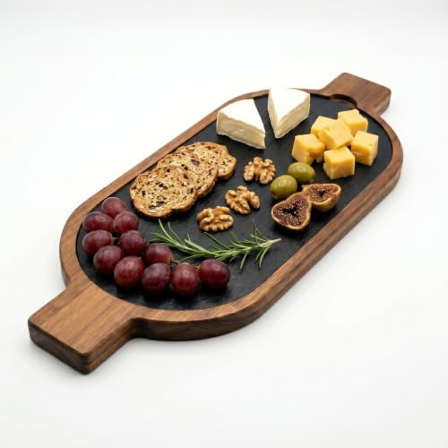 Serveringsbräda i trä med skifferplatta 50 x 15 cm – osttallrik, tapasbräda, skärbräda, antipasti-platta – akaciaträ och skiffer – skärbräda rustik, frukostbräda, serveringsfat