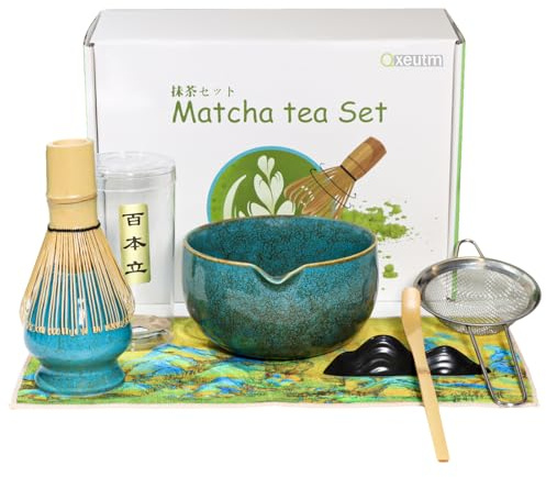 Té Matcha Kit de Japonesa Matcha Set 7 piezas Incluye Batidora de bambú para matcha, Cuenco de Matcha, Cuchara, Colador, Kit de Ceremonia Matcha(Azul)