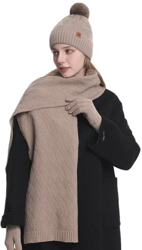MAZELIKEHOOD Halsduk Set Hatt Handskar Kvinnor Vinter Varm Bobble Hatt med Stickad Halsduk Och Handskar Mjukt Och Bekvämt Tyg Vintermode Tillbehör Perfekt för Julklapp, Khaki, one size
