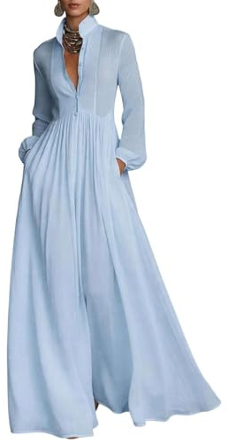 Générique Robe Longue Femme Été Chic Élégante Imprimé Floral, Robe Chemise Boutonnée avec Poches et Manches Longues, Robe Maxi Vintage à Volants pour Mariage ou Vacances, Tissu Fluide Léger