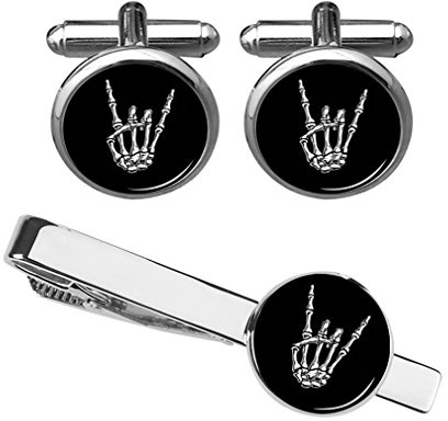 ZUNON X-Ray Hand Rock Music Cufflinks & Tie Tack Clips Halloween Shirt Accessory Doctor Father Dad Birthday Gift (Silver Cufflink Tieclip Set)