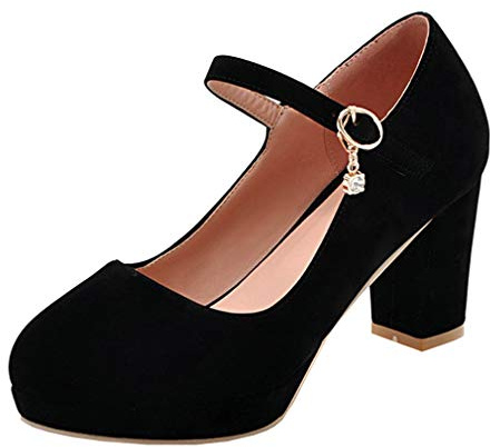 LOVOUO Femme Mary Jane Escarpin Talon Bloc Carré Haut Plateforme Sangle Bride Cheville Daim Chaussure Bout Rond 9CM(Noir,38)