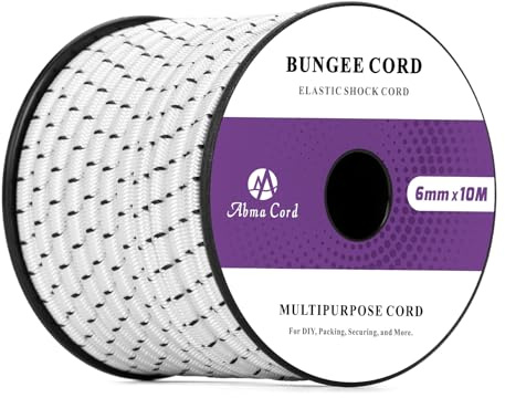 Abma Cord Bungee Cord 6mm 10M Elastic Shock Cord 100% Stretch Elastic Bungee Rope for Tarpaulin, Trailer, Backpack, Tent Pole, Kayak - White&Black