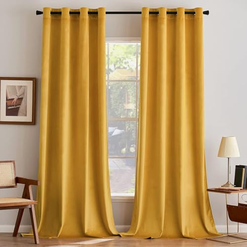 MIULEE Tende Velluto Giallo Senape per Interni Tenda Moderne, Eleganti Tenda per Camera da Letto Salotto e Soggiorno, 2 Pezzi Tende Oscuranti Termiche per Interni Velluto Occhielli L 140 x A 280 CM
