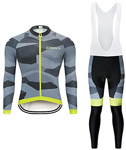 Radtrikot Set Herren Fahrradtrikot, Langarm Set mit 20D-Gel-gepolsterten Langarm Trägerhose Radhose, Atmungsaktiv Elastische Schnell Trocknend Fahrradbekleidung Set für Radfahren MTB