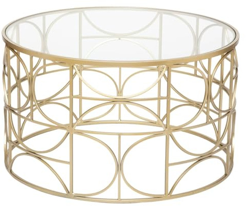 Atmosphera – Runder Couchtisch, Gold – Durchmesser 71 x Höhe 41 cm – Tischplatte aus gehärtetem Glas, Eisengestell – Für Wohnzimmer und Schlafzimmer