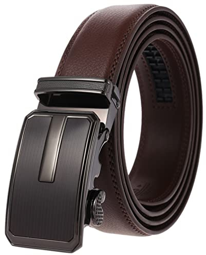 Anopo Cinturón de los hombres de cuero genuino deslizamiento automático de aleación de hebilla Jeans Traje Cinturón para Casual Business Dress Ajustable Trim Café 115CM