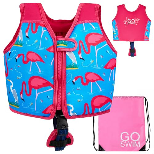 Go Swim Giubbotto Galleggiante - Include borsa da nuoto gratuita Giubbotto da nuoto per bambini con galleggiabilità fissa e cinturino di sicurezza (Fab Flamingos, S (15-19kgs))