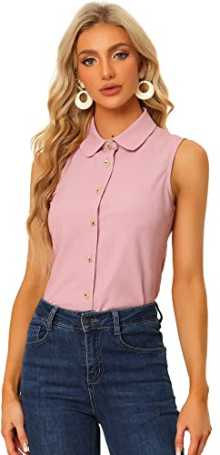 Allegra K Women's Sleeveless Top, Summer 3/4 Sleeve Shirt, Peter Pan Collar Blouse Pink L
