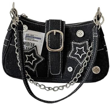 Dickly Umhängetasche für Damen, Unterarmtasche, stilvolle, tragbare kleine Hobo-Tasche aus Denim, vielseitige Stern-Handtasche mit Knopf und Kette für das