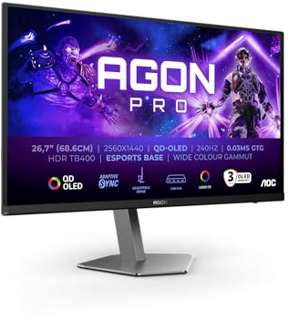 AOC Moniteur AG276QZD2AM 26.5 240Hz QD-OLED Dalle, 0.03ms GtG, HDR400 TrueBlack, FreeSync Prem. Pro, G-Sync Comp., Ajustable en Hauteur, Haut-parleurs, USB Hub (2560x1440 HDMI 2X 2.0 DP 2X 1.4) Noir