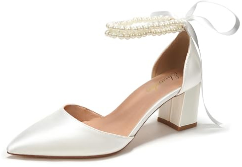 Elivandon J1585 pour Femme Satin Pointe Effilee Talon Moyen Soiree Sandales 6cm Carre Talon Nuptiale Fete Mariage Escarpins avec Double Perle