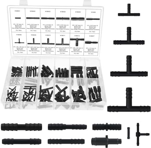 113 Stück Schlauchverbinder Set, T-Verbinder Schlauchverbinder 4mm 5mm 6mm Warten auf 12 Größen,Schwarzer T-Schlauchverbinder,für Scheibenwaschanlagenschläuche,Gartenschläuche und Bewässerungssysteme