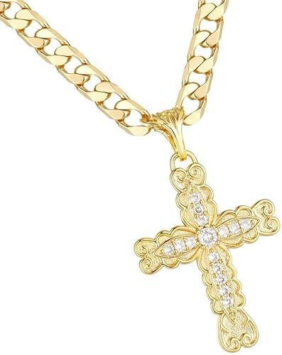 THE BLING KING New Luxury Gold-Plated & Gold-Filled Ornate Cross Pendant with Stones โ 22 Inch Chain โ Elegant Religious Necklace, one, Brass, No Gemstone