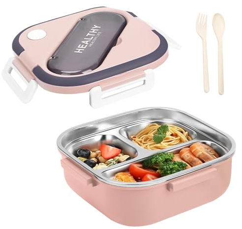 GAESHOW Fiambrera con Cubiertos, Caja Bento box de Portátil con 3 Compartimentos 1000ml, Acero Inoxidable, y Cuchara Tenedor, Fiambrera para Senderismo, Viajes, Escuela, Oficina (Rosa)