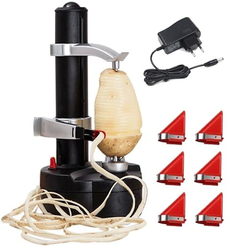 Pelador de Patatas Eléctrico, Pelador de Manzanas Automático, Cortador de Frutas y Verduras con 6 Hojas de Repuesto, Sin Baterías, Incluye Adaptador de Carga de 6V