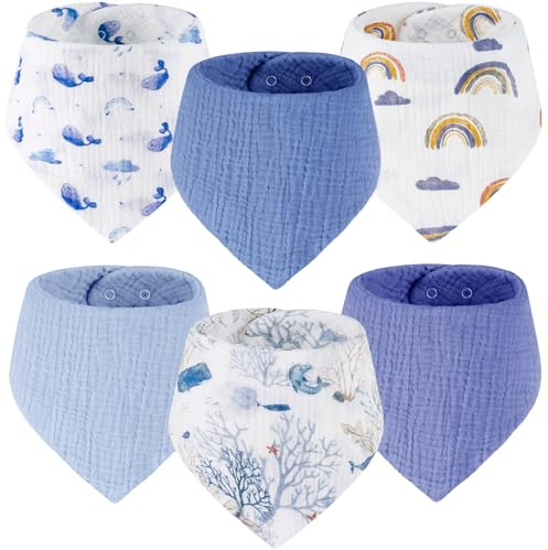 Yukkidds Babero para bebé, pañuelo triangular, 100% algodón, muselina, pañuelo para el cuello para recién nacidos, niños y niñas, absorbente y ajustable, 6 unidades, color azul, arco iris