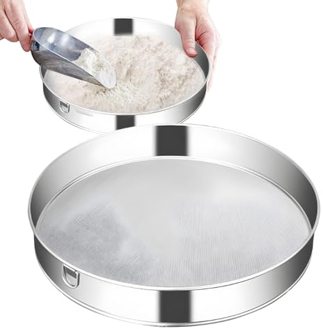 Harina De Acero Inoxidable Con Harina De Acero Sin Malla De 25 Cm Con Un Tamiz Redondo De Malla | Harina De Arroz Multifuncional, Bandeja De Cocina Ligera, Herramienta De Cocina Indespensa