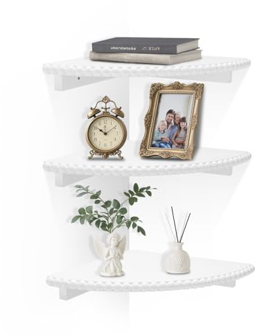 Lampaggio Estantes flotantes de Esquina con Soportes Dobles, Paquete de 3 estantes Redondos de Madera para Pared, para Dormitorio, Sala de Estar y baño