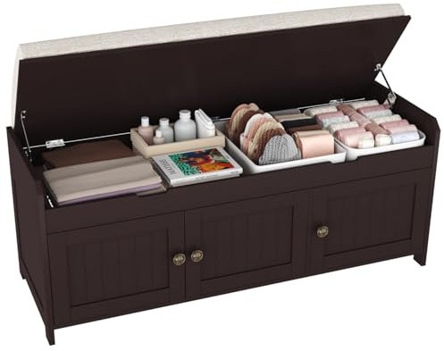 HOME BI Shoe Bench, Storage Bench with Padded Seat Cushion, Bench with 3-Door Storage Cabinets,Shoe Cabinet for for Entry, Bedroom, Cloakroom, Living Room and Hallway,Espresso