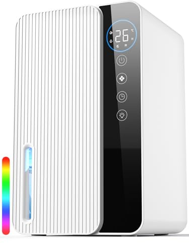 Dehumidifiers for Home, 1.8L Dehumidifier for Bedroom, Quiet Portable Dehumidifier with 6/8/12H Timer, Auto Defrost, Auto Shut Off & RGB Light for Drying Clothes Bathroom (750ML/Day)