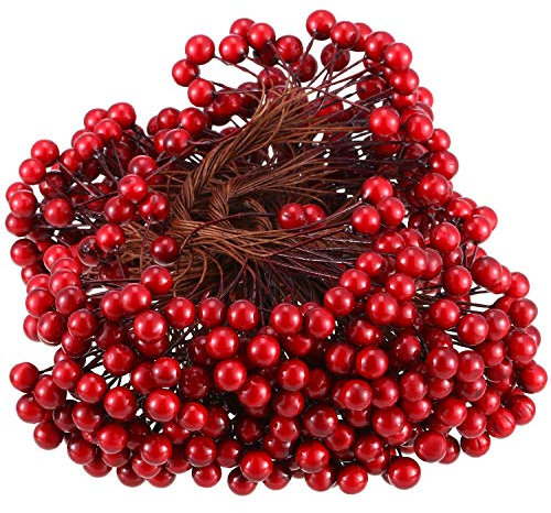 BBTO Artificial Holly Berries on Wire Stems, 250 Stems with 500 Pieces 8 mm Fake Berries for Tree Decorations Wreath Craft Use Wedding Party Favor (Dark Red)