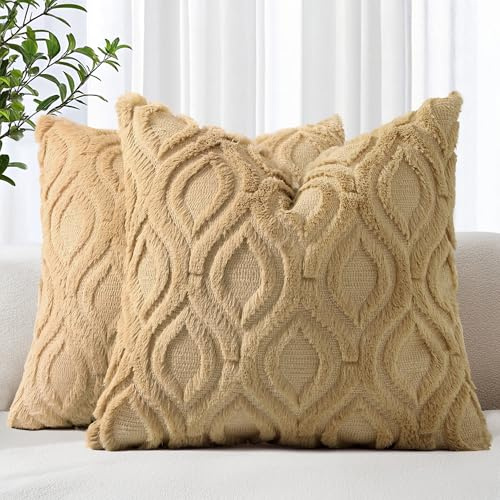 decorUhome Juego de 2 Fundas de cojín de Pelo sintético de 65 x 65 cm, Decorativas, de Terciopelo Suave, Afelpado y Esponjoso, 26 x 26 Pulgadas, Funda de Almohada Cuadrada Bohemia Neutra para sofá,