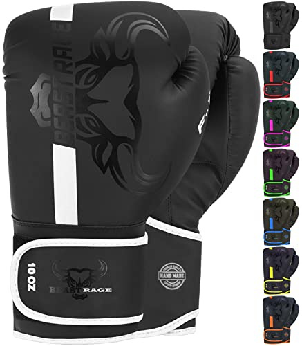 BEAST RAGE Boxhandschuhe Kickbox Handschuhe Boxing Gloves Männer Damen Box Handschuhe+ Training Schwarz Adult 8 10 12 14oz 16oz Muay Thai Kampfsport Boxsack Herren (Weiß, 10 OZ)