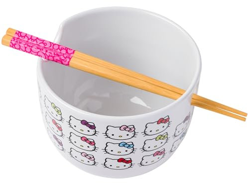 Silver Buffalo Sanrio Hello Kitty Gesichter und Schleifen Muster Keramik Ramen Reisschale mit Essstäbchen, 590 ml