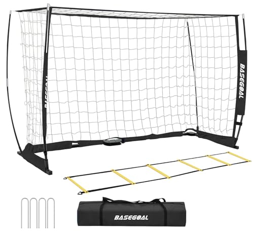 BaseGoal Soccer Goal,Soccer Net,Soccer Goals for Backyard,with Bow Frame,Collapsible Metal Base and Agility Ladder
