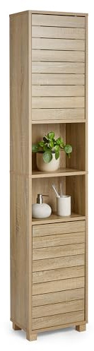VonHaus Tall Bathroom Cabinet – Oak Wood Effect Bathroom Tallboy with Slatted Design - Tall Storage with 2 Handleless Cupboard Doors, 5 Internal & 2 Open Shelves - for Kitchen & Hallway - Chester