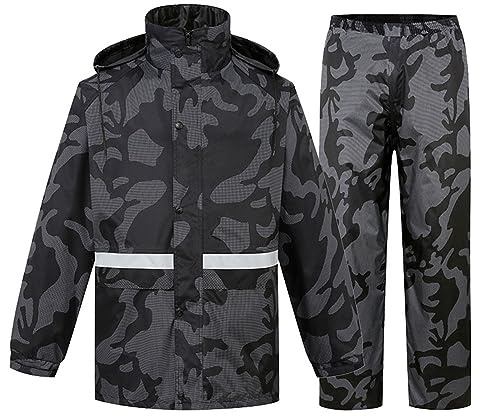 Duohropke Tuta antipioggia da uomo riflettente impermeabile + pantaloni antipioggia traspiranti per pesca escursionismo campeggio, mimetico, XL