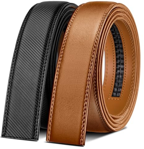 BULLIANT Cinturón Hombre 2 Piezas, Cuero Automática Cinturón De Hombre 35MM-Tamaño Ajustable(Negro/Naranja Marrón,140cm/36-48 Cintura ajuste)
