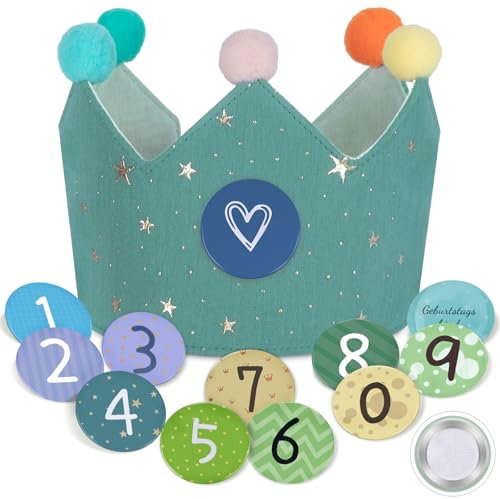 Thedttoy Geburtstagskrone Musselin für Mädchen Junge,Geburtstags Krone Jungen Musselin KroneStoff mit Klett-Buttons Zahlen von 0-9, Unisex WendbareKrone für Kinder Geburtstag Party Deko Partyhüte